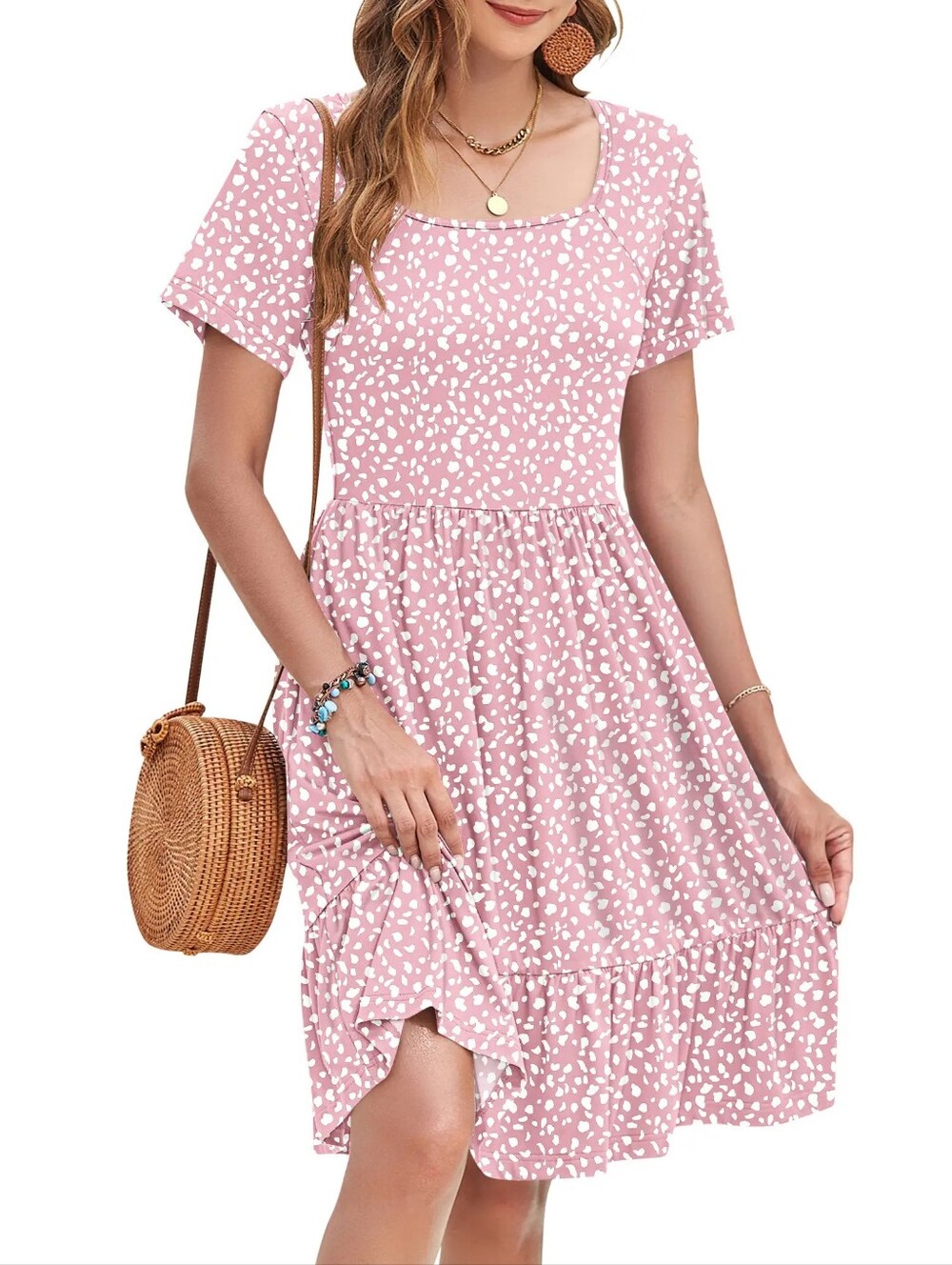 AUSELILY-Ditsy Floral Print Square Neck A-Line Ruffle Dress (Pink 🩷 Spots)